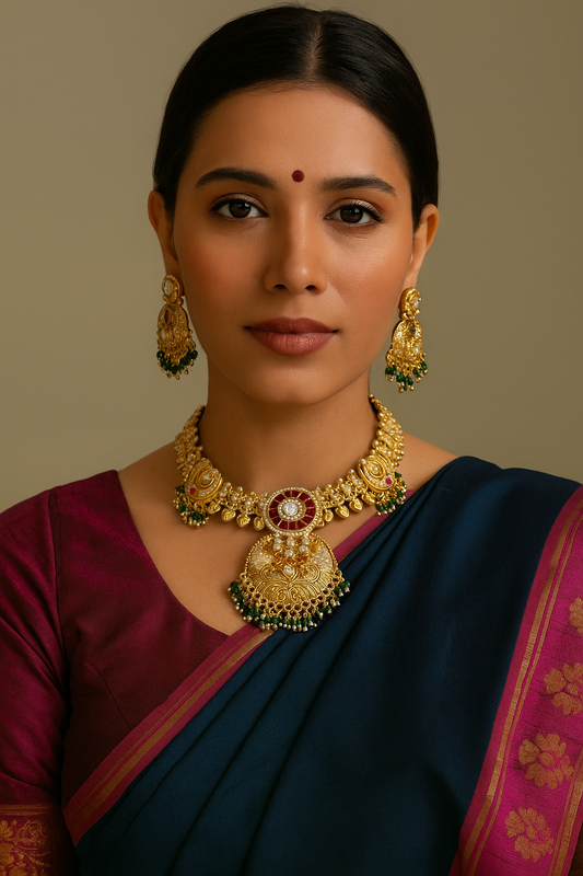 Sarasaa Regal Gold Plated Kundan Choker Necklace Set with Pearl Drops and Matching Earrings