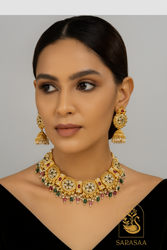 Sarasaa Elegant Kundan & Meenakari Choker Necklace Set with Jhumka Earrings - Semi-Bridal & Festive Wear