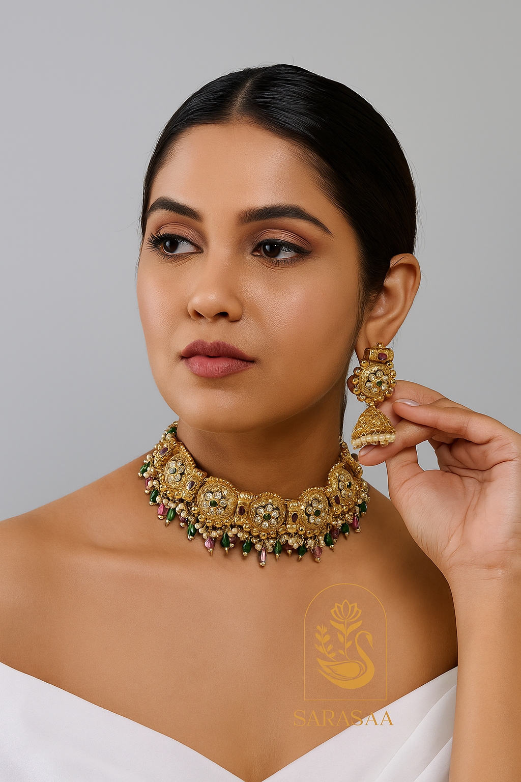 Sarasaa Elegant Kundan & Meenakari Choker Necklace Set with Jhumka Earrings - Semi-Bridal & Festive Wear