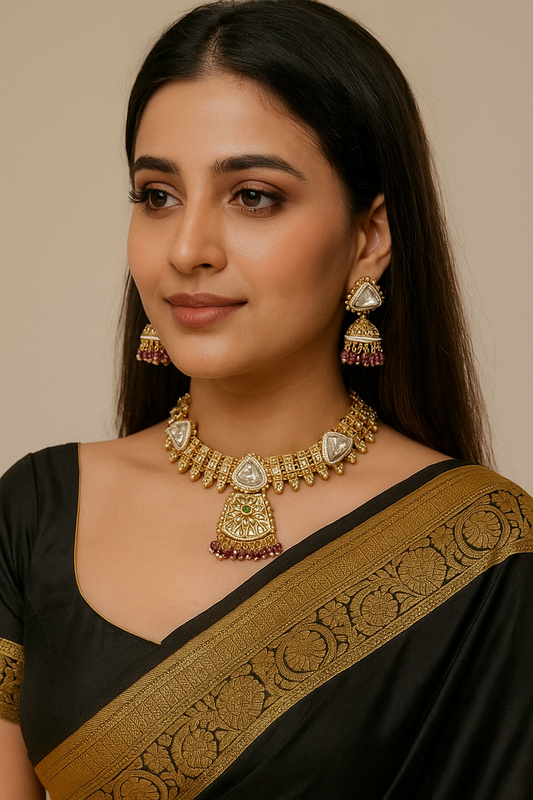 Sarasaa Designer Kundan & Meenakari Necklace Set with Jhumka Earrings