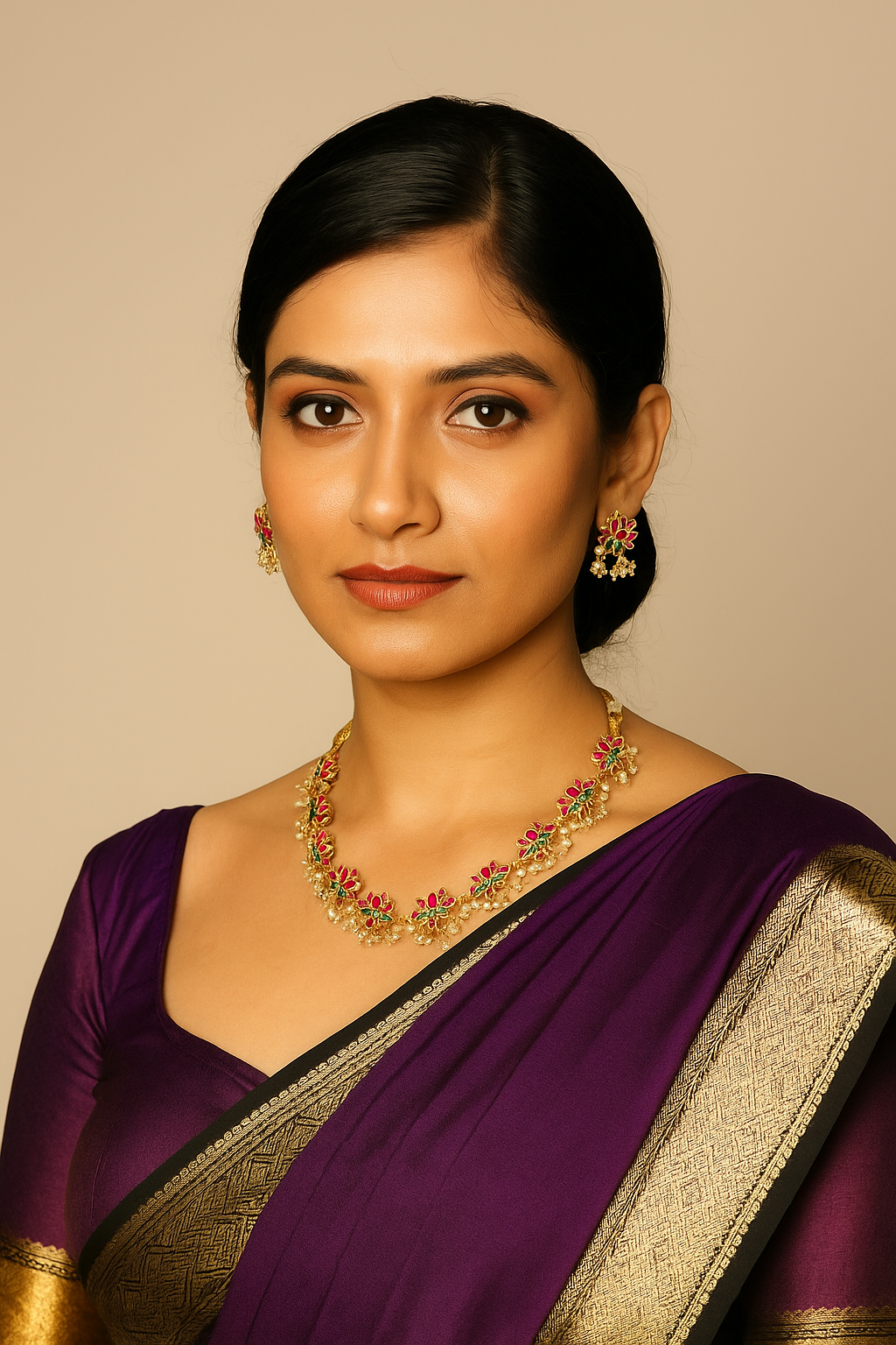 Sarasaa Traditional Matte Gold-Plated Lotus Necklace Set with Ruby-Green Kemp Stones & Pearl Drops