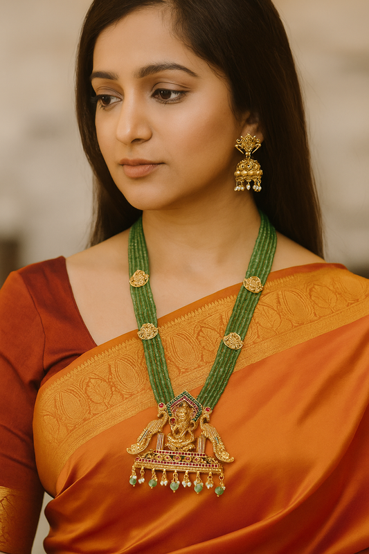 Sarasaa Green  Matt Finish Goddess Lakshmi Pendant Green Beads Haram with Matching Earrings