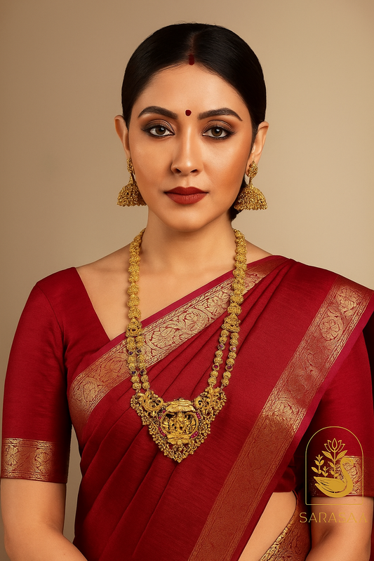 Sarasaa Traditional Temple Design Gold-Plated Necklace Set with Matching Earrings