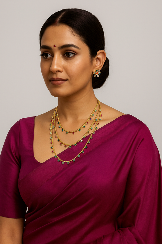 Sarasaa Multi-Layered Navratna Necklace Set with Matching Floral Stud Earrings