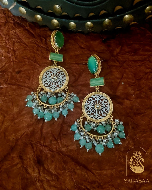 SarasaaFashion Mint Green Floral Drop Earring with Pearl  - 106