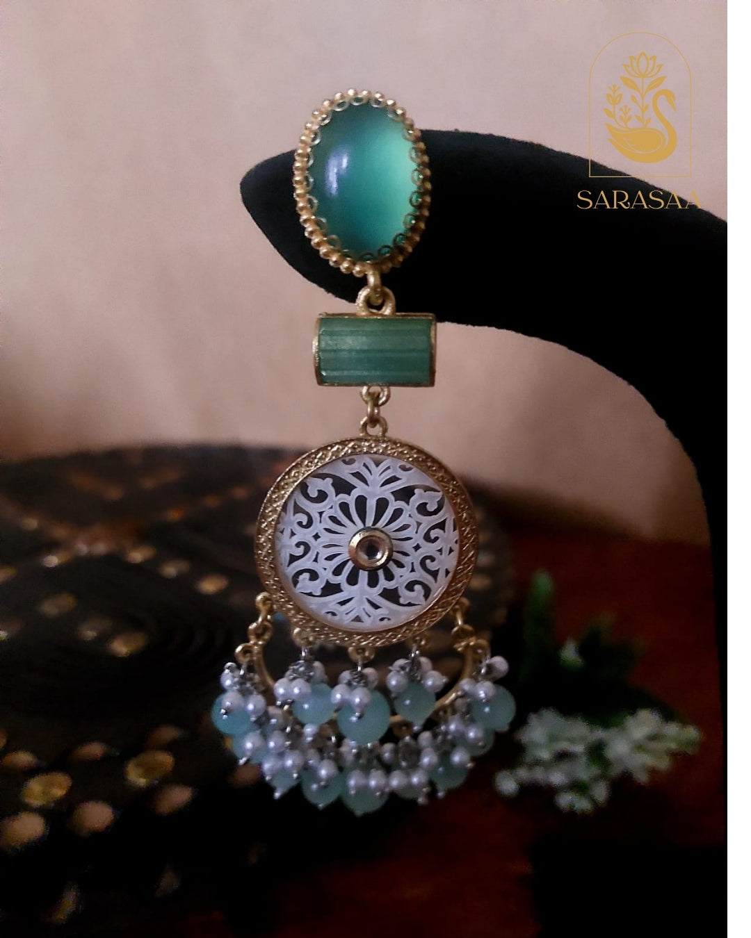 SarasaaFashion Mint Green Floral Drop Earring with Pearl  - 106