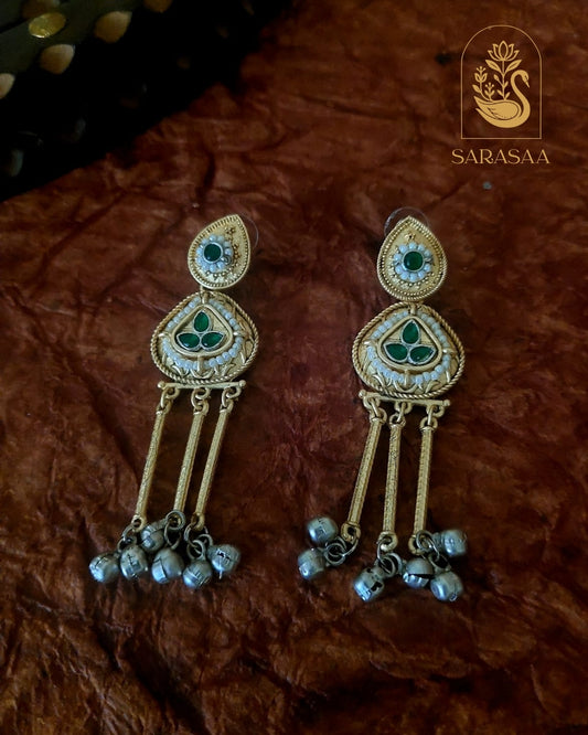 SarasaaFashion Traditional Green Stone Gold Plated Silver Tassels Drop Earrings  - 109