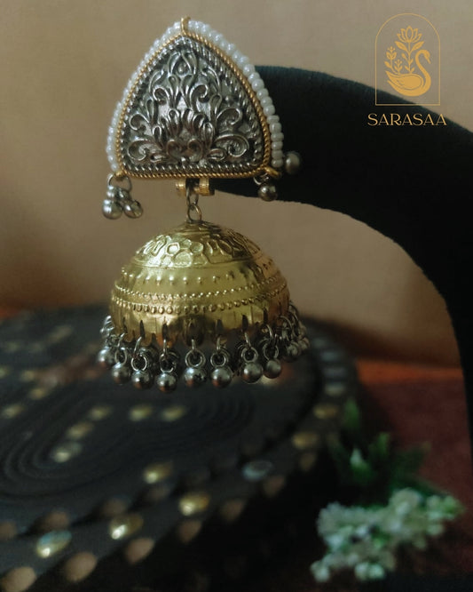SarasaaFashion Oxidised Dual-Toned Gold & Silver Triangle Jhumka Earrings with Silver Ghungroo Beads  - 110