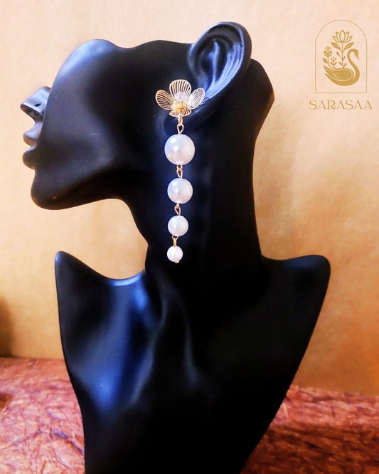 SarasaaFashion 18K Gold Plated Flower Pearl Drop Waterproof Anti Tarnish Earring   - 130