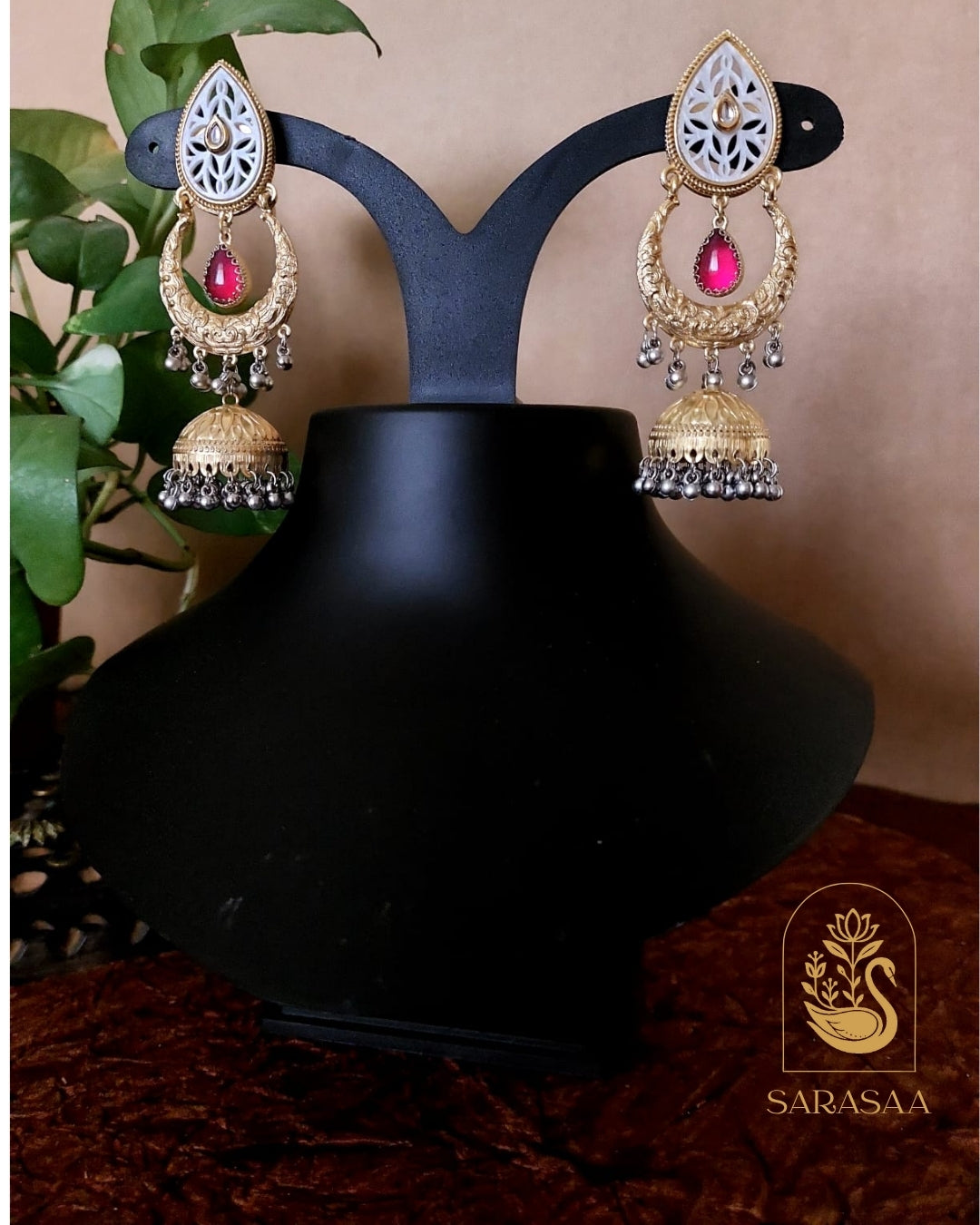 SarasaaFashion Crescent Moon-shaped Dark Pink Chandbali Jhumka Earrings  - 161
