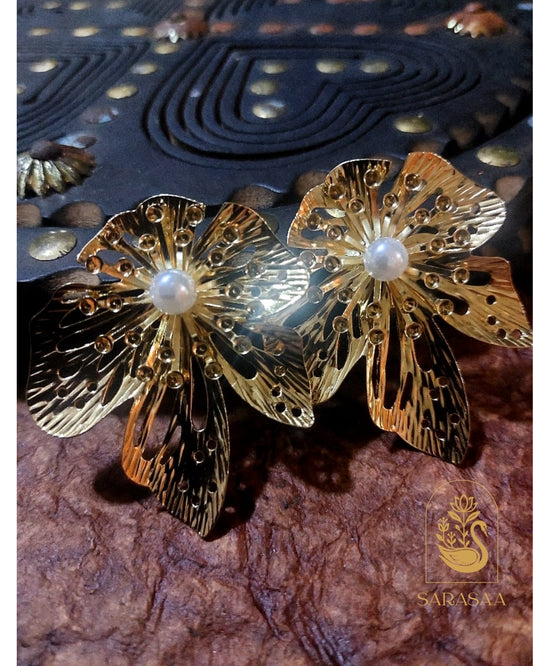 SarasaaFashion 18K Gold Plated White Flower Pearl Waterproof Anti Tarnish Earring  - 133