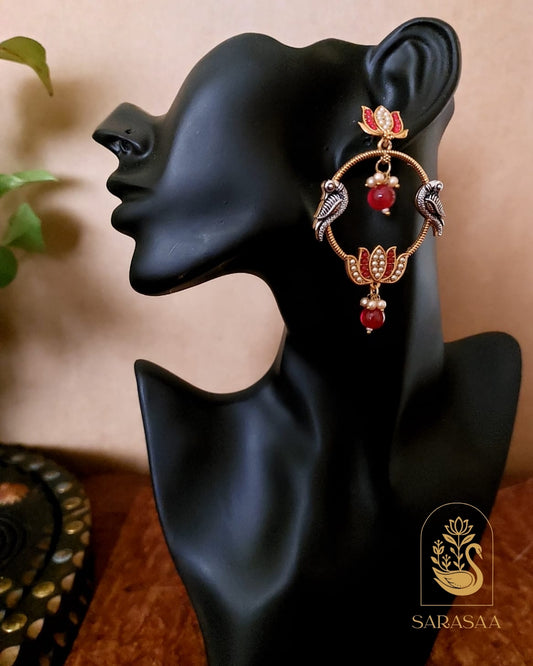SarasaaFashion Oxidised Silver Maroon Lotus Tribal Drop Earrings  - 108