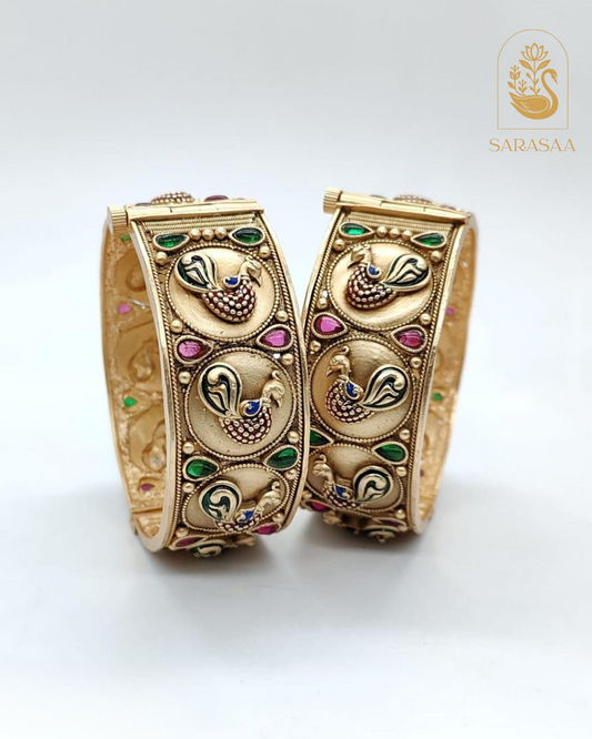 Sarasaa Antique Meenakari Gold-Plated Peacock Motif Bangles with Multi-color Meenakari  - 282