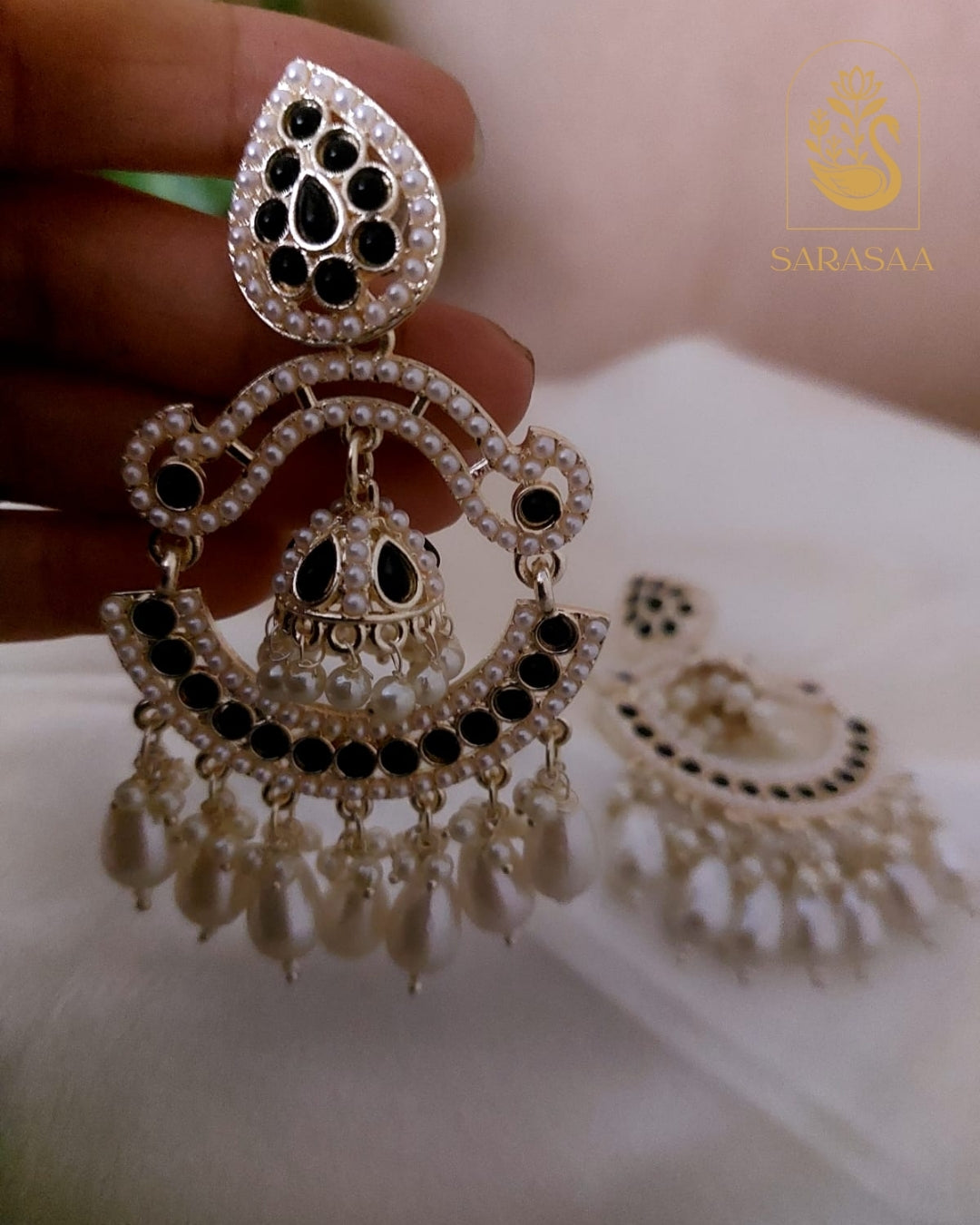 SarasaaFashion Gold Plated Pota Stone And Pearls Dangler Earrings  - 119