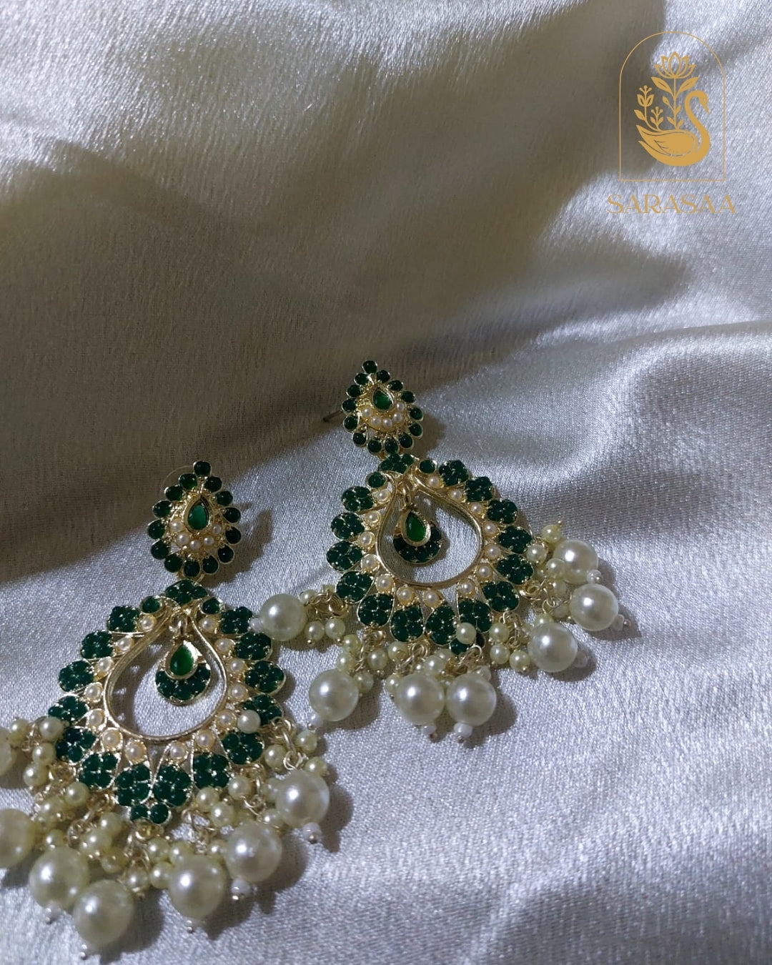 SarasaaFashion Gold Floral  Green Dangler Chandbali Earrings  - 122