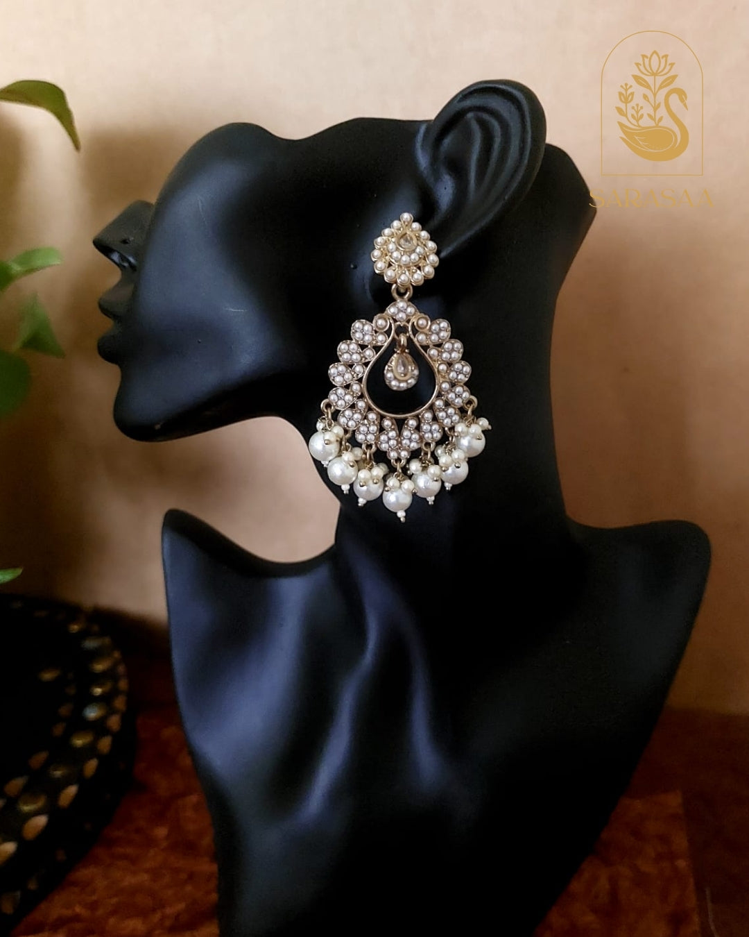 SarasaaFashion Gold Floral  White Dangler Chandbali Earrings  - 124