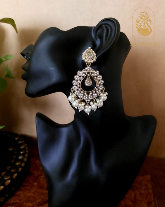 SarasaaFashion Gold Floral  White Dangler Chandbali Earrings  - 124
