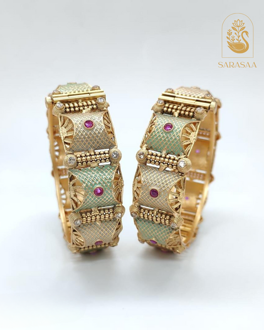 Sarasaa Antique Gold Finish Kundan Embellished Openable Bangles with Pink Stones  - 284