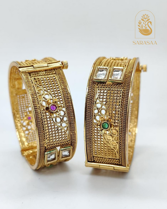 Sarasaa Antique Designer Brass High Gold Plated Openable Bangles with Pota Stone Embellishments  - 261