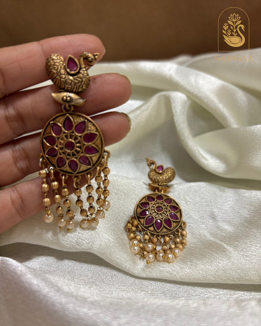 SarasaaFashion Antique Gold Finish Peacock Chandbali Earrings with Ruby Stones and Pearl Drops  - 151