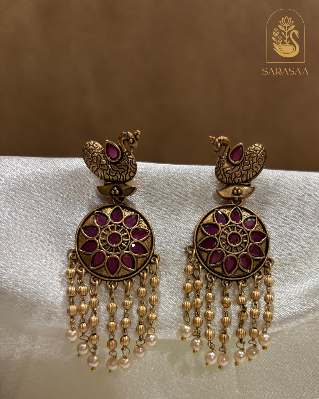 SarasaaFashion Antique Gold Finish Peacock Chandbali Earrings with Ruby Stones and Pearl Drops  - 151