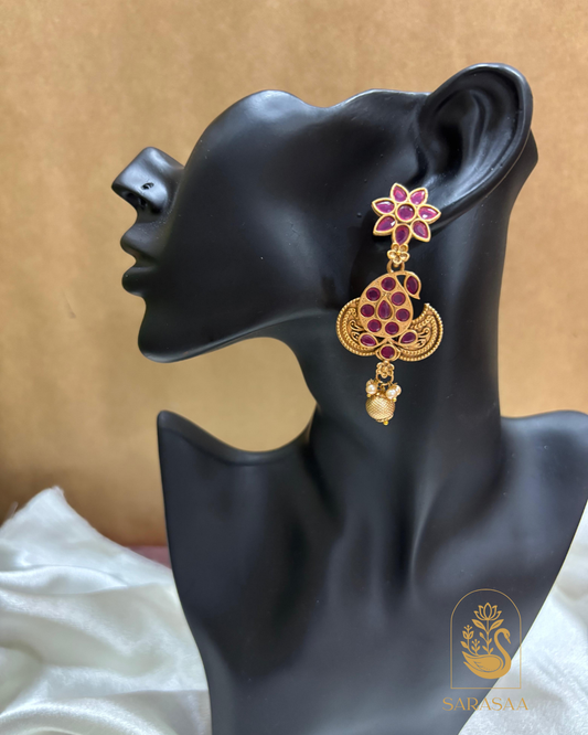 SarasaaFashion Antique Matte Finish Peacock & Floral Stud Jhumki Earrings with Ruby Stones & Pearl Drop - 152