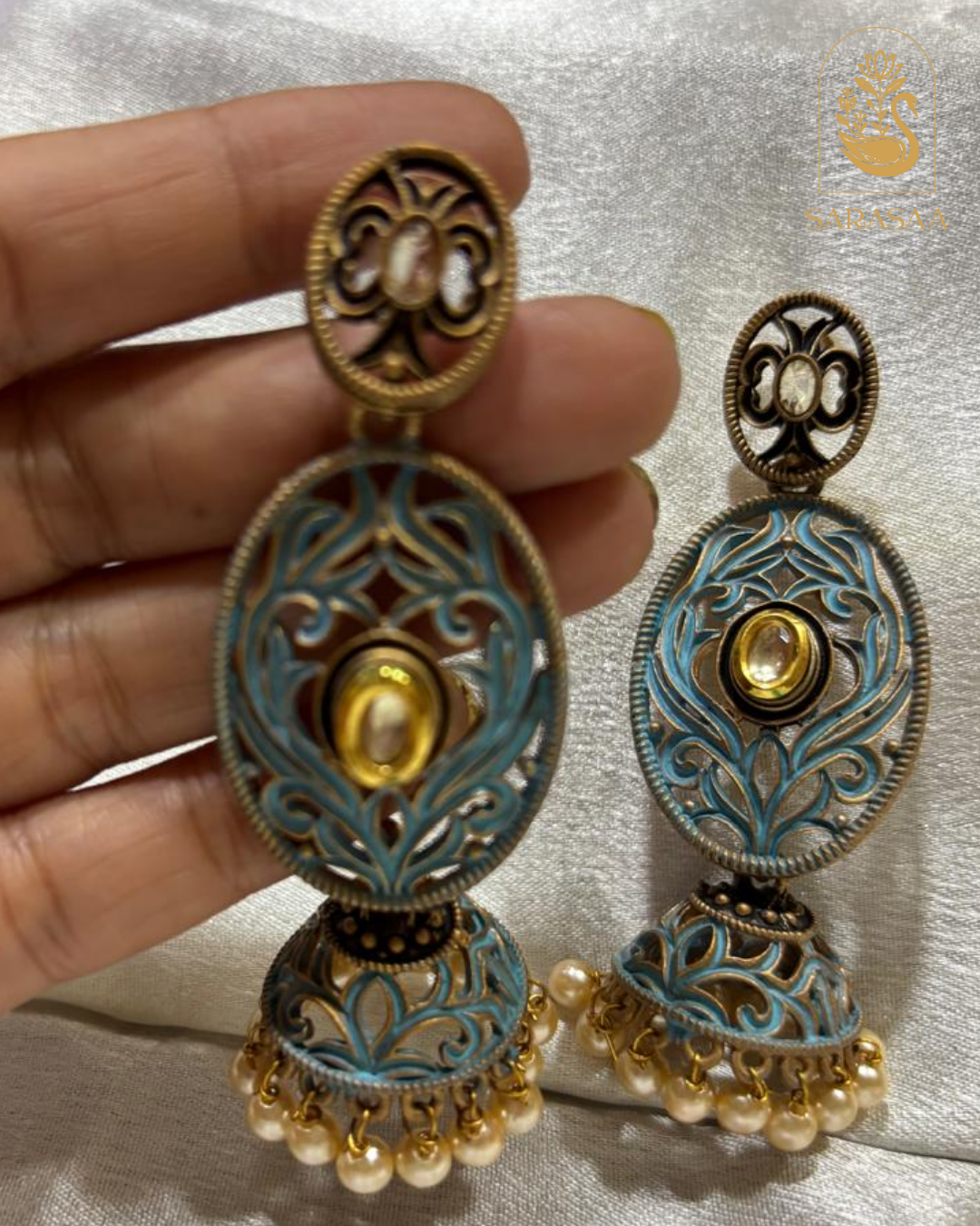 SarasaaFashion Gold Plated Crystal Stone And Meenakari Jhumki Earrings - 158