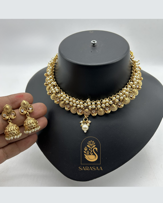 Sarasaa Gold-Plated Choker Necklace Set with Coin Design and Pearl Accents