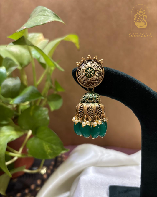 SarasaaFashion Traditional Gold-Toned Jhumka Earrings with Green Beads - 160
