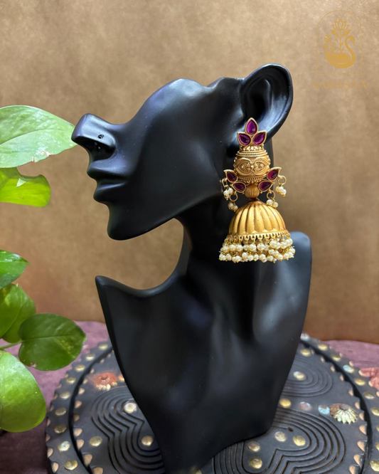SarasaaFashion Antique Matte Gold Jhumka Earrings with Ruby Stones and Pearl Drops - 162