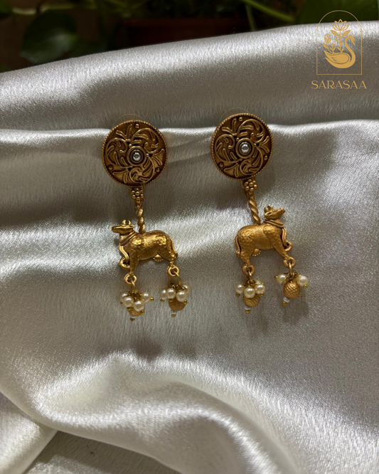 SarasaaFashion Kamdhenu Matt gold Cow Drop Earrings - 167