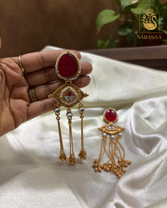 SarasaaFashion Gold Plated Red Kundan Dangle Earrings - 171