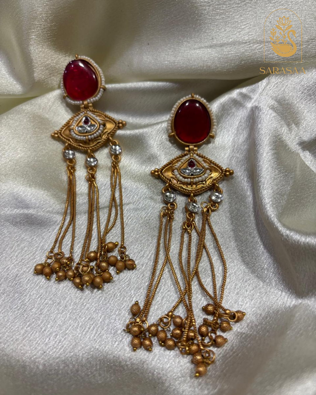 SarasaaFashion Gold Plated Red Kundan Dangle Earrings - 171
