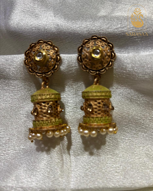 SarasaaFashion Traditional Antique Mehndi Green Jhumka Earrings with Pearl Drops - 173