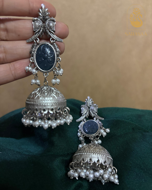 SarasaaFashion Oxidized Silver Jhumka Earrings with Nevy Blue Stone and Pearl Detailing - 175