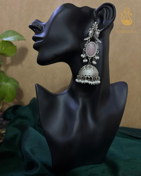 SarasaaFashion Oxidized Silver Jhumka Earrings with Baby Pink Stone and Pearl - 176
