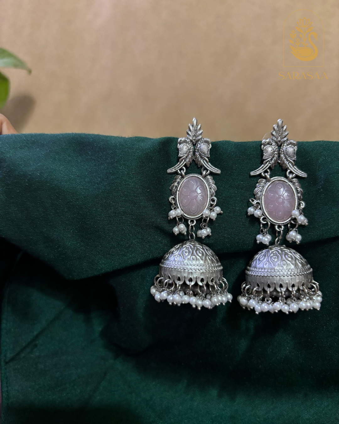 SarasaaFashion Oxidized Silver Jhumka Earrings with Baby Pink Stone and Pearl - 176