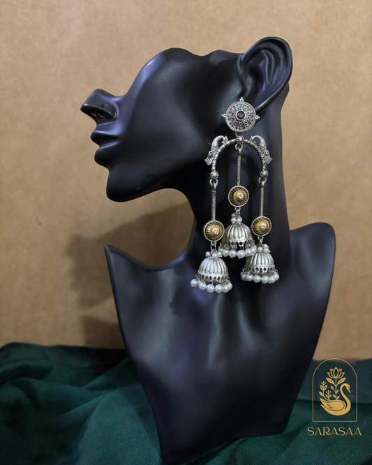 SarasaaFashion Oxidized Silver Tone Jhumka Earrings with Dual-Tone Accents & Pearl Drops - 180