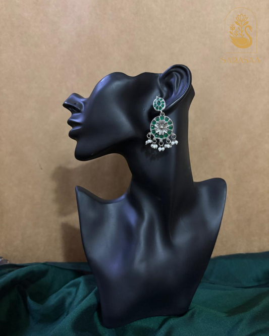 SarasaaFashion Emerald Green Oxidised Chandbali Earrings - 182
