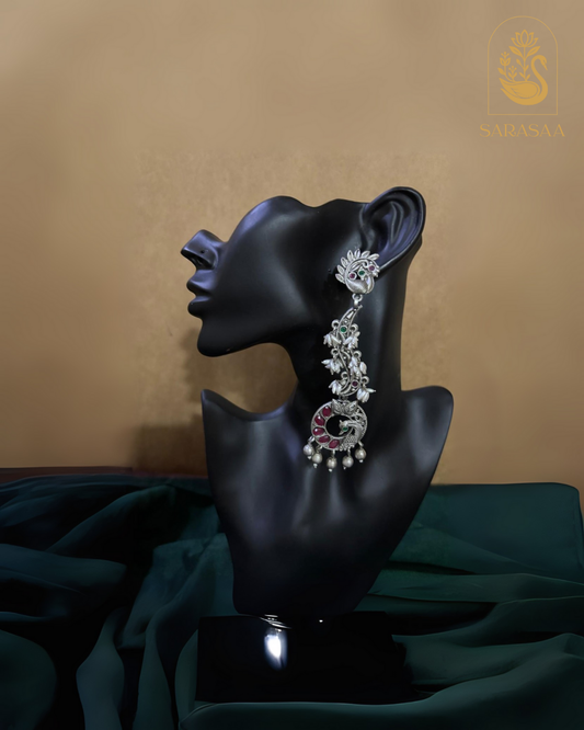 SarasaaFashion Oxidized Silver Peacock Design Long Jhumka Earrings With Rice Pearl - 183