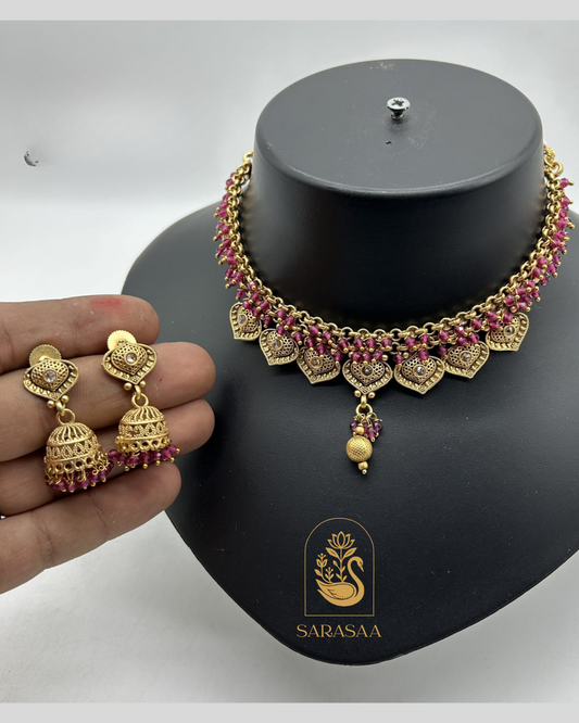 Sarasaa Sarasaa Traditional Gold-Plated ruby-toned stones Choker Necklace Set with Jhumka Earrings