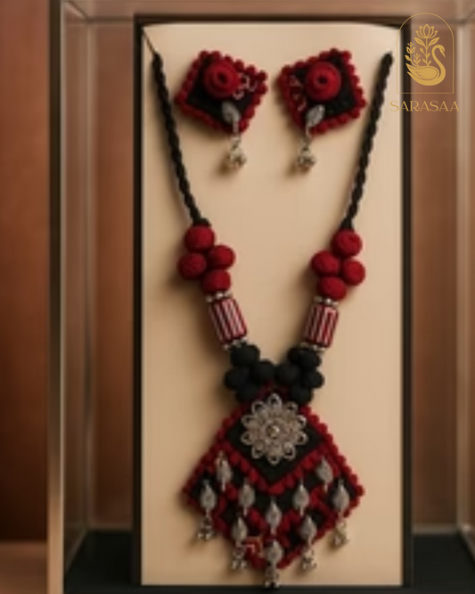 SarasaaFashion Royal Red & Black Handmade Thread Necklace Set with Floral Pendant - 191