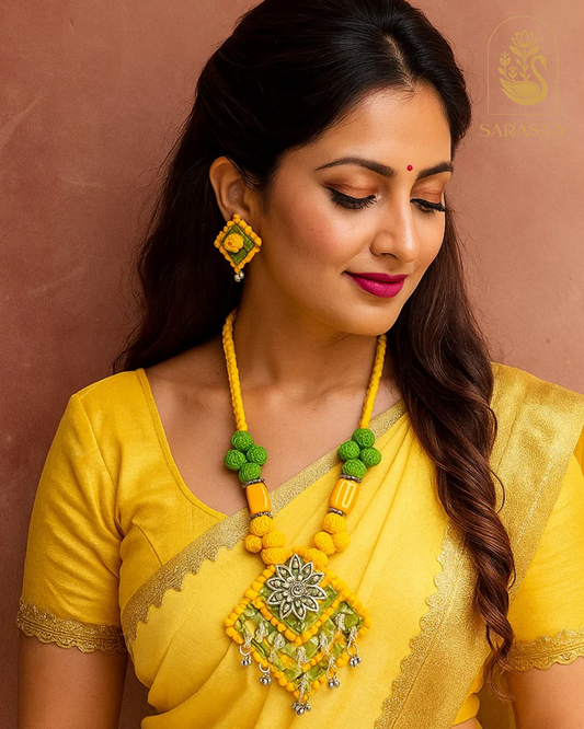 SarasaaFashion Yellow-Green Tribal Embroidered Necklace Set - 192
