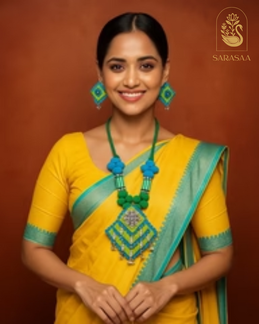 SarasaaFashion Vibrant Green & Blue Thread Necklace Set with Oxidized Charm - 193
