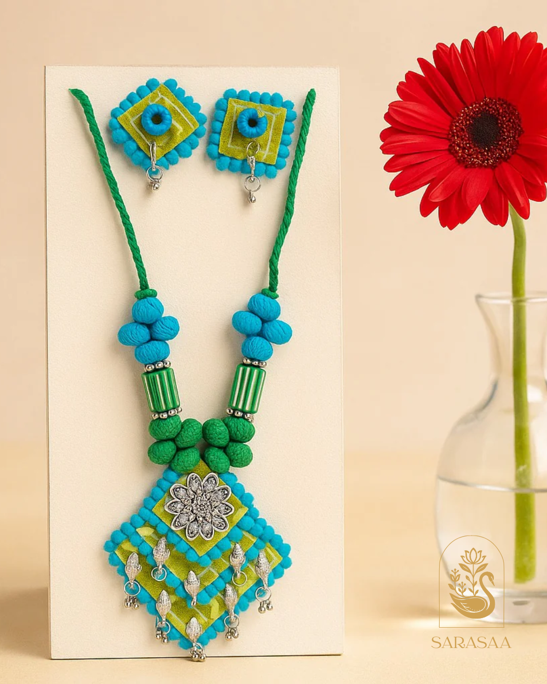 SarasaaFashion Vibrant Green & Blue Thread Necklace Set with Oxidized Charm - 193