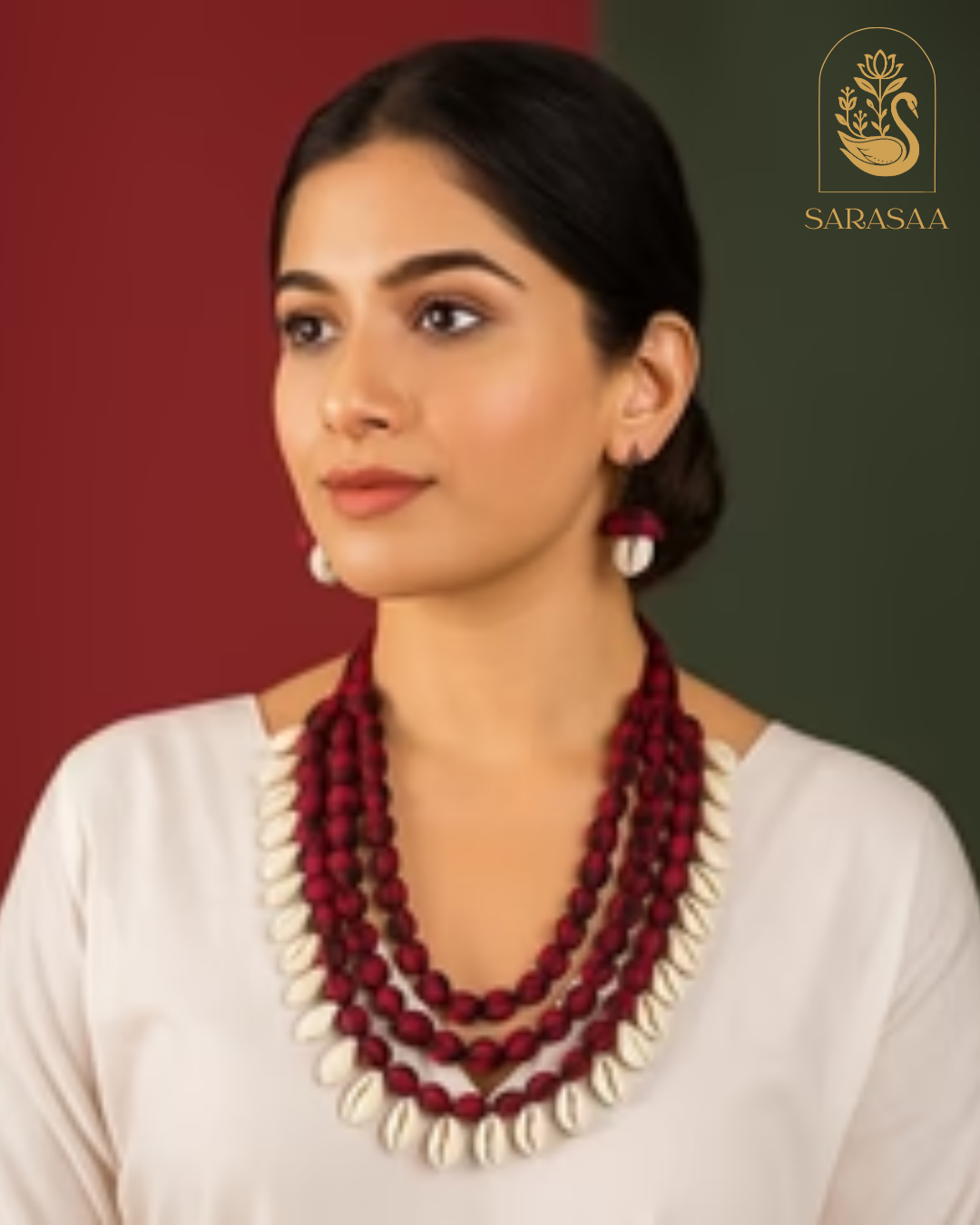 SarasaaFasion Elegant Red & Shell Layered Necklace Set - 202