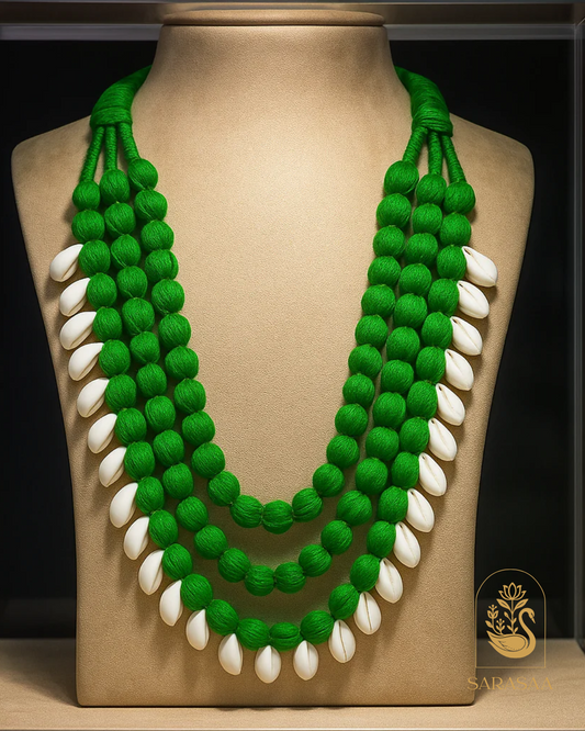 SarasaaFasion Handcrafted Green Beaded Multi-Layer Tribal Necklace – Shell Drop Accents - 203