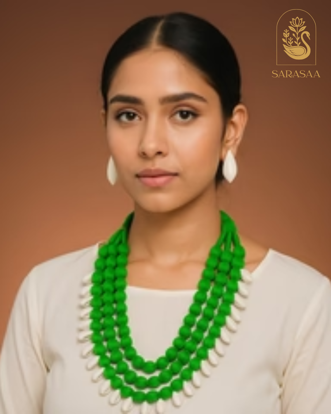 SarasaaFasion Handcrafted Green Beaded Multi-Layer Tribal Necklace – Shell Drop Accents - 203