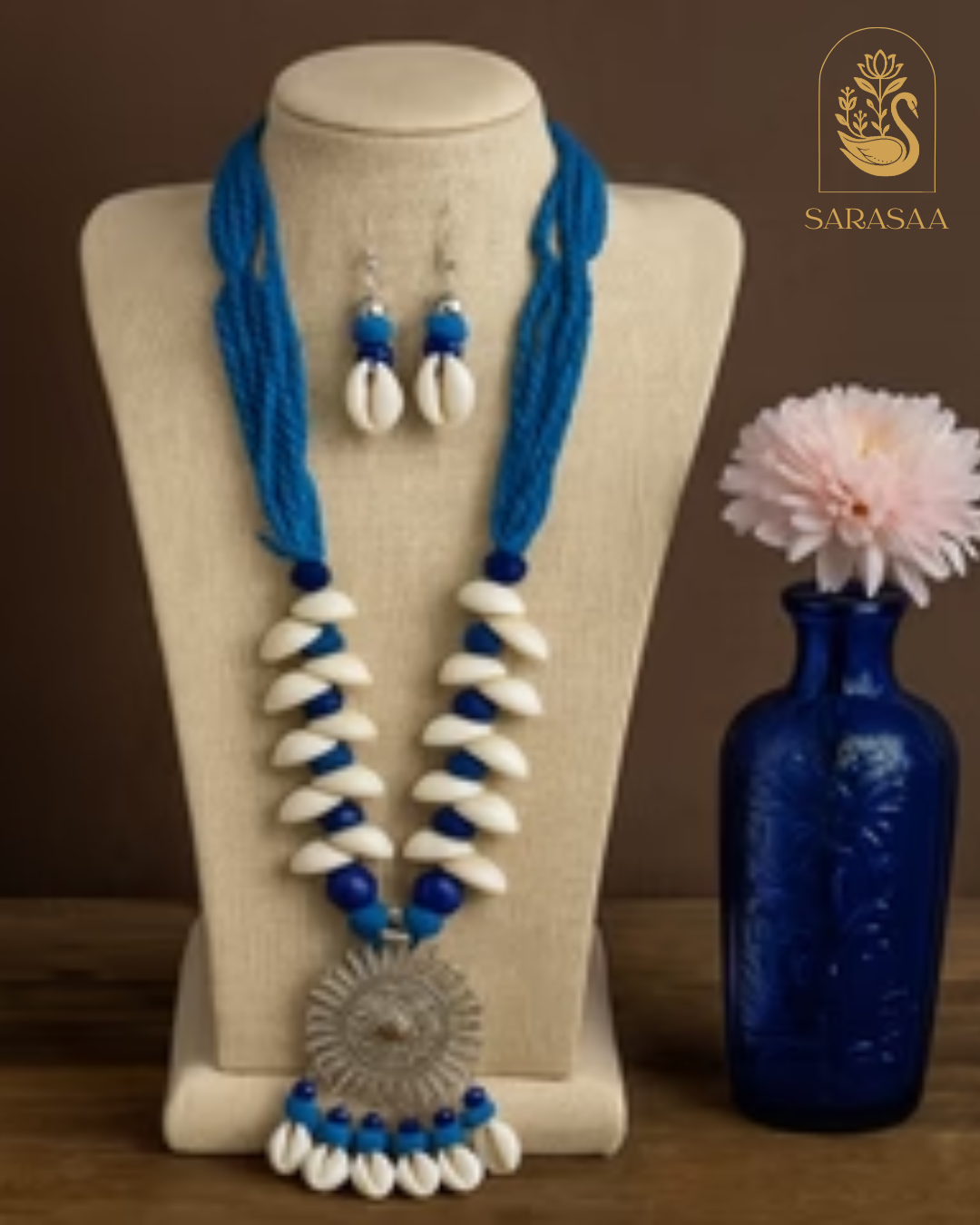 SarasaaFasion Blue Thread Shell Necklace Set with Sun-Shaped Pendant - 206