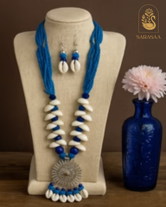 SarasaaFasion Blue Thread Shell Necklace Set with Sun-Shaped Pendant - 206